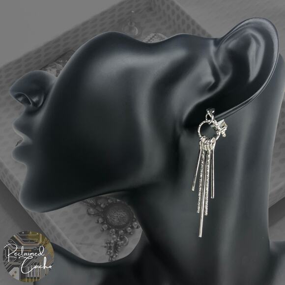 Silver Dangle Textured Rods Clip-On Earrings - Picture 1 of 4